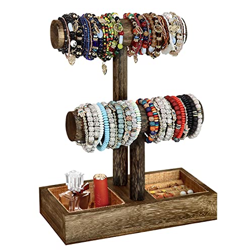 LadyRosian 2 Tier Wooden Display Jewelry Accessory Stand Jewelry Bracelet Holder Bangle Watch Necklace Storage Jewelry Box Organizer, (Brown-2 layers) Brown 2-Tier