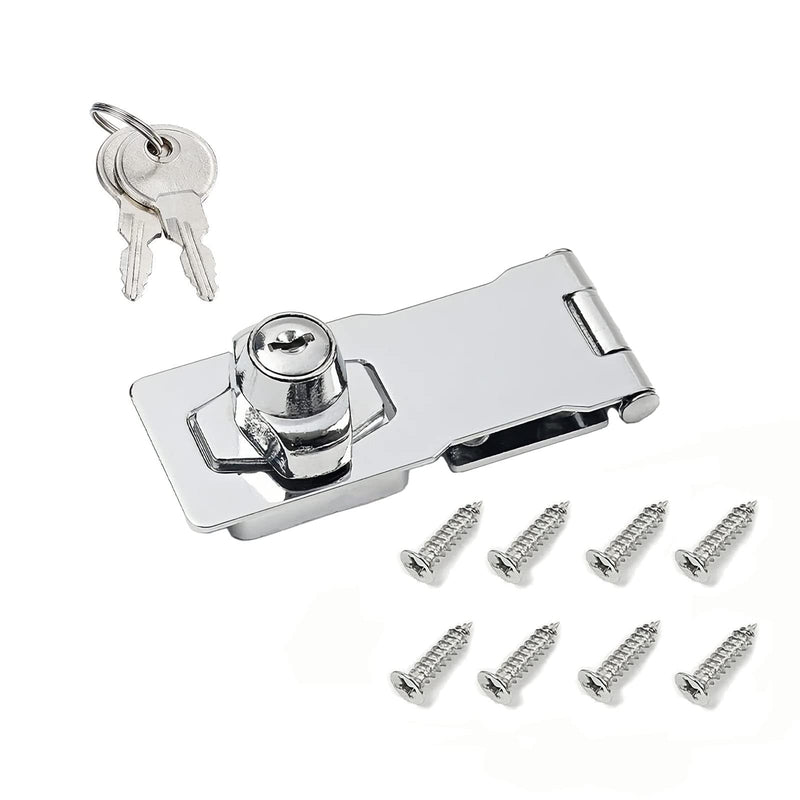[Australia - AusPower] - Keyed Hasp Locks, cabinet locks, Twist Knob Keyed Locking Hasp for Cabinet Small Door, Zinc alloy with iron chrome plating, with Keys and screws, Silver, 4 Inches 4 Inch-1 Pack 