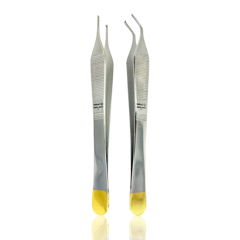 [Australia - AusPower] - Cynamed Set of 2 Adson Forceps with Gold Handle - 6 in. Straight Fine Point Surgical Veterinary Instruments (1x2 Teeth) 1x2 Teeth 