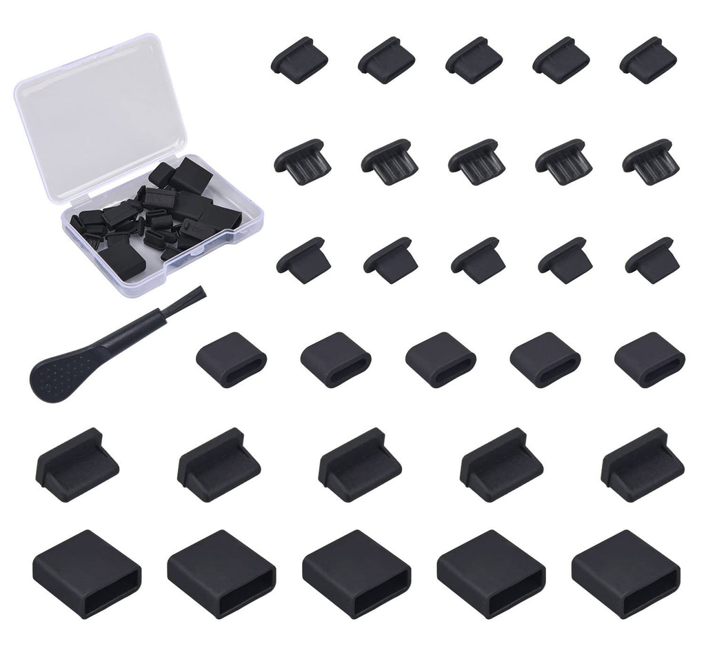 [Australia - AusPower] - 30x USB Dust Cover Port Plugs, 6 Types Silicone USB Cap Port Stopper for USB Type-C, USB A Female, Micro USB, iPhone 14/13/12, USB Female & Male Ports Protecor Kit with Cleaning Brush 30 PACK 