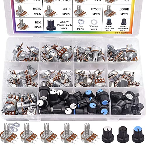 Taiss 100 Pieces Potentiometer Kit B1K B5K 10K 20K 50K 100K 250K 500K 1M Ohm Linear Taper Rotary Potentiometer B Type Potentiometer with Nuts, Washers and 3 Different Colors of Aluminum Alloy Knob F048 100 Piece Potentiometer Kit
