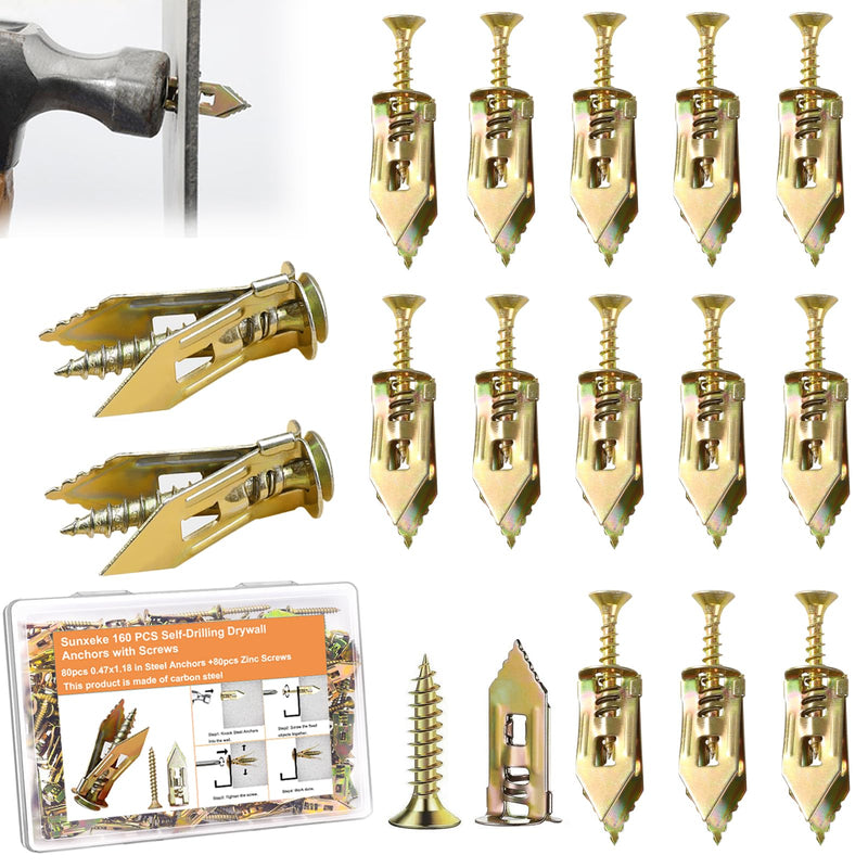 [Australia - AusPower] - 160 PCS Self-Drilling Drywall Anchors with Screws 2024 Upgraded Zinc Plated Steel Hollow Wall Anchors(0.47X1.18inch) and Screws, Easy Application No Drill or Holes in Wall 160 
