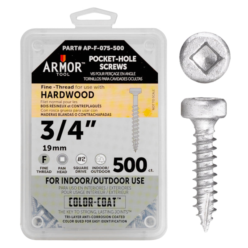 ARMOR TOOL Pocket Hole Screws - 3/4" Fine Thread Screws 500 Piece with Gray Color Coat & Square Drive - AP-F-075-500 .75" (500 Ct)
