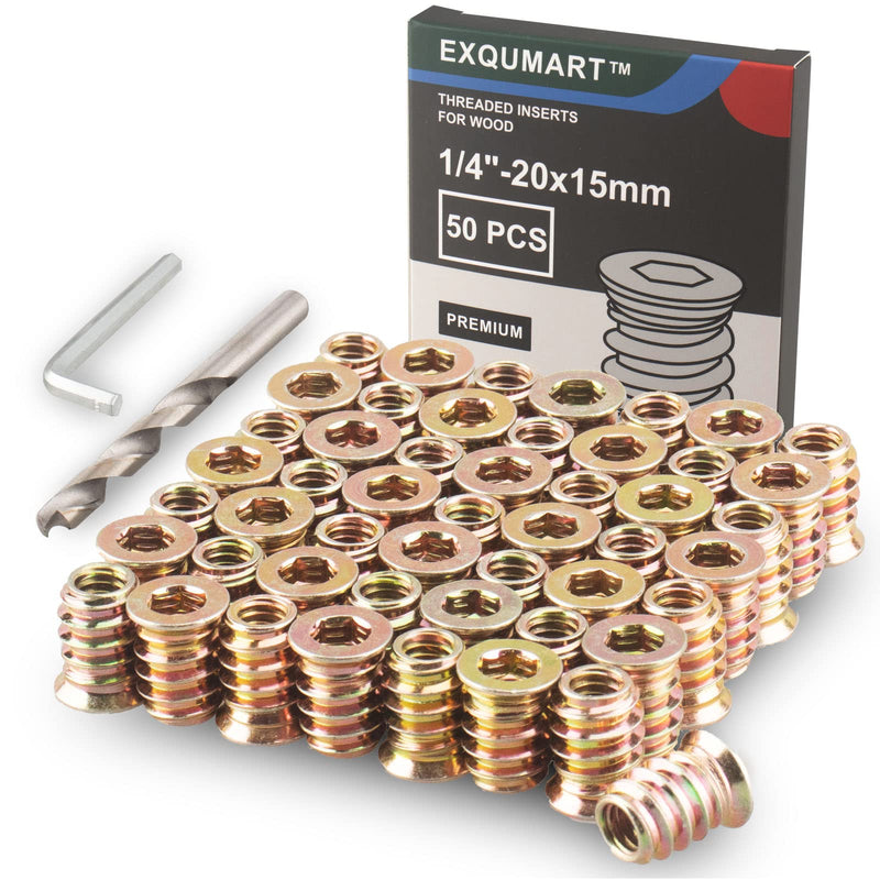 [Australia - AusPower] - 50 Pcs Premium Threaded Inserts for Wood, 1/4-20 Threaded Inserts with Drill Bit & Hex Key, Upgrade High Hardness Carbon Steel (1/4"-20x15mm) Yellow 