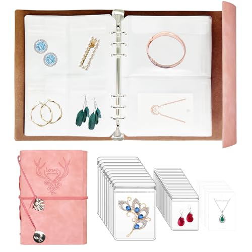 Travel Jewelry Organizer, A5 Binder Jewelry Storage Book with Pockets, Foldable Earring Holder with Clear Jewelry Bags for Ring, Studs and Bracelet(70 Grids+70 Thicken PVC Bags) Deep Love, Fresh Pink - 70 Grids