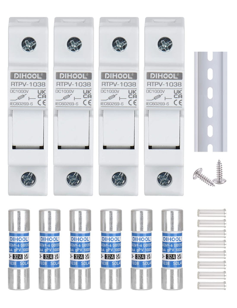 DIHOOL 30 Amp Inline Fuse for Solar Connector, 4pcs Solar fuses Holder, DIN Rail Solar Panel Fuse 32A Fuse With Holder