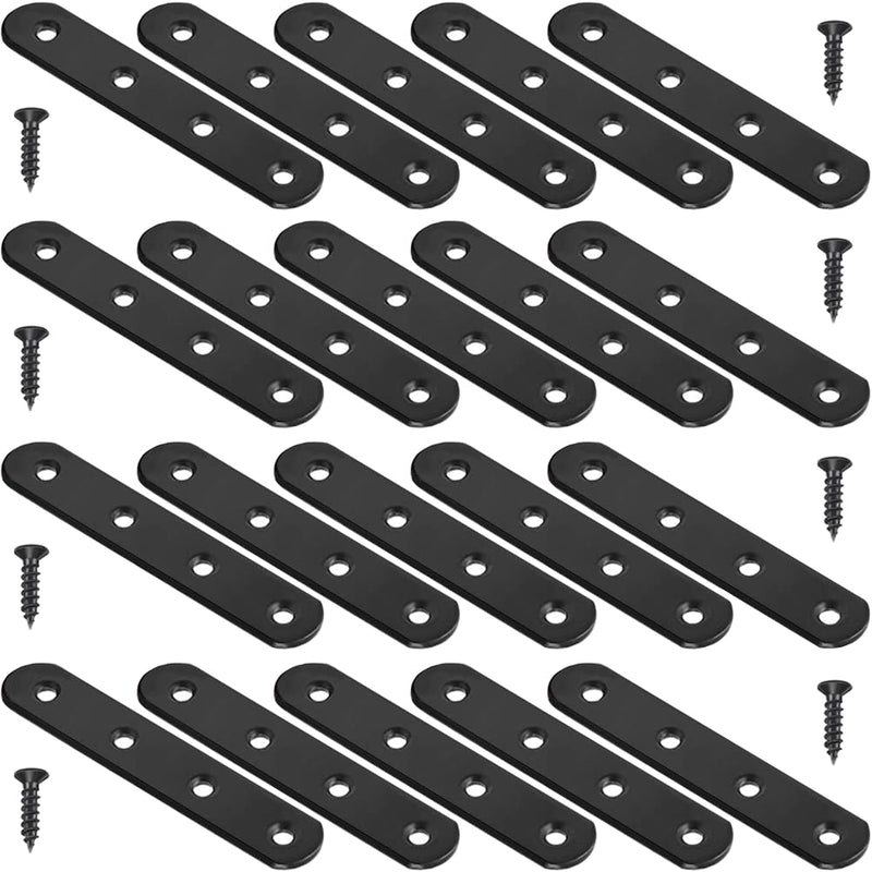 [Australia - AusPower] - 8 Pack Black Straight Brace Brackets 4 Inch Stainless Steel Flat Mending Plates, Heavy Duty Repair Fixing Joining Brackets for Wood with Screws Black 4" x 0.8" 8 