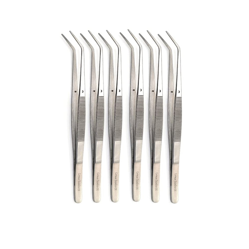 [Australia - AusPower] - College Cotton Pliers Set of 6 with Angled Serrated Beak For Professional & Personal Use Surgical Dental Forceps With Grooved Handle Surface - Made of Stainless Steel for Oral Care with Precision Tips 