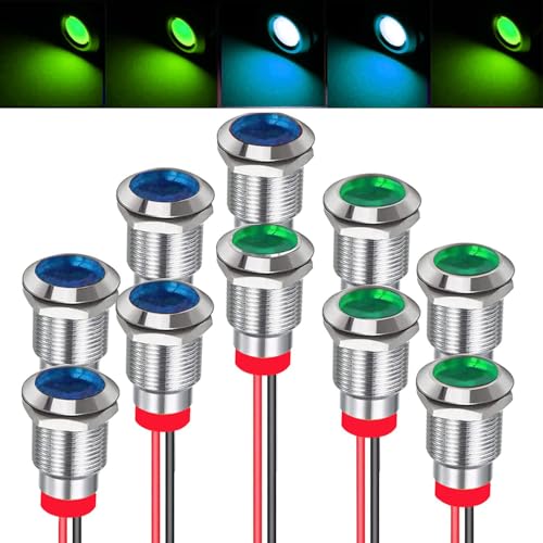 RUNCCI-YUN Pack of 10 12V-24V 12 mm 1/2 Inch LED Metal Indicator Light Waterproof Signal Lamp LED Panel Installation Indicator Light (Green × 5 Blue × 5)