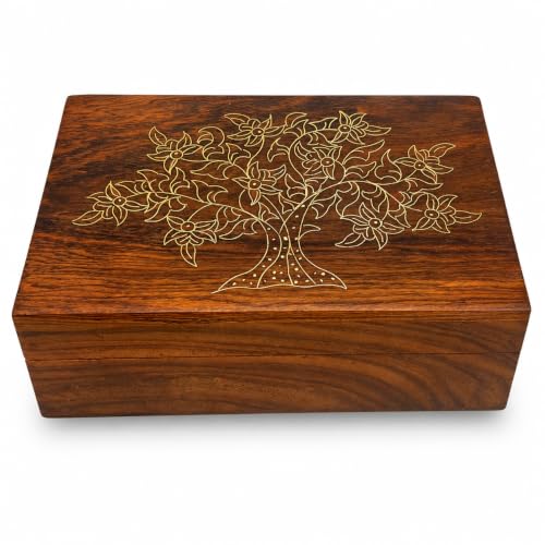 collectiblesBuy Handmade Wooden Box Hinged Lid Brown keepsake Unfinished Jewelry and DIY Crafts Storage Box for Women Jewel Organizer Golden Floral Print Decorative Wood Stash Boxes Walnut Finish