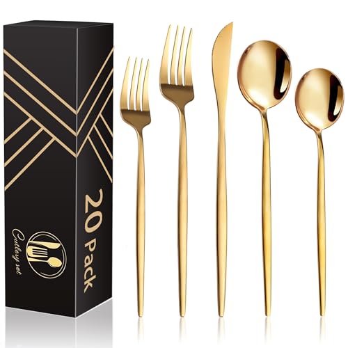 20-Piece Gold Silverware Set for 4, Titanium Golden Stainless Steel Flatware Set, Golden Cutlery Set for Home and Restaurant, Daily Utensil, Mirror Polished, Dishwasher Safe, Serving for 4
