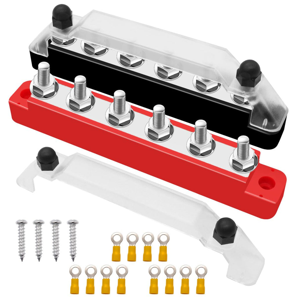 [Australia - AusPower] - (Red+Black) Power Distribution Terminal Block with Cover with 6 x 1/4” (M6) Post,Battery 12V Bus Bar with Ring Terminals for Car Boat Marine O-078 150A 6 x 1/4" (M6) 