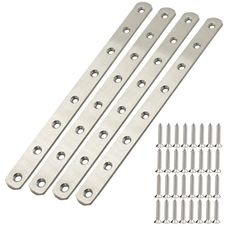 [Australia - AusPower] - 12" Flat Mending Plate 4Pcs Flat Straight Braces Stainless Steel Straight Brackets, Repair Fixing Bracket Connector, Mending Joining Plates with Screws, Silver 