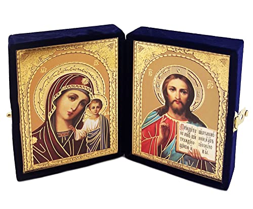 Needzo Christ The Teacher and Virgin of Kazan Orthodox Icon Diptych In Blue Velvet Case, Religious Gift Idea Virgin Mary 3 1/4 Inch