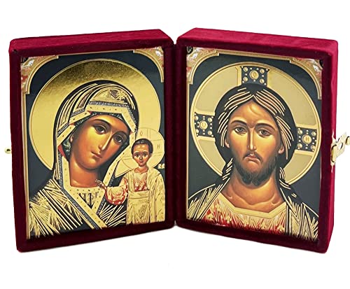 Needzo Christ The Teacher and Virgin of Kazan Orthodox Icon Diptych In Burgundy Velvet Case, Religious Gift Idea Virgin Mary 3 1/4 Inch, Gold Foil Icons