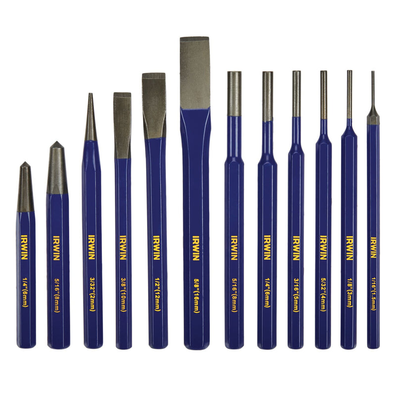 IRWIN Chisel Set, Chisel and Punch, 12-Pack with Various Sizes, Tempered for Durability, Great for Woodworking (IRHT82529) Punch and Chisel Set, 12 Pack