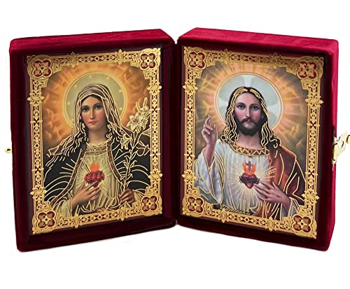 Needzo Sacred Heart of Jesus and Mary Catholic Icon Diptych In Burgundy Color Velvet Case, 3 1/4 Inch, Gold Foil Icons Religious Gift