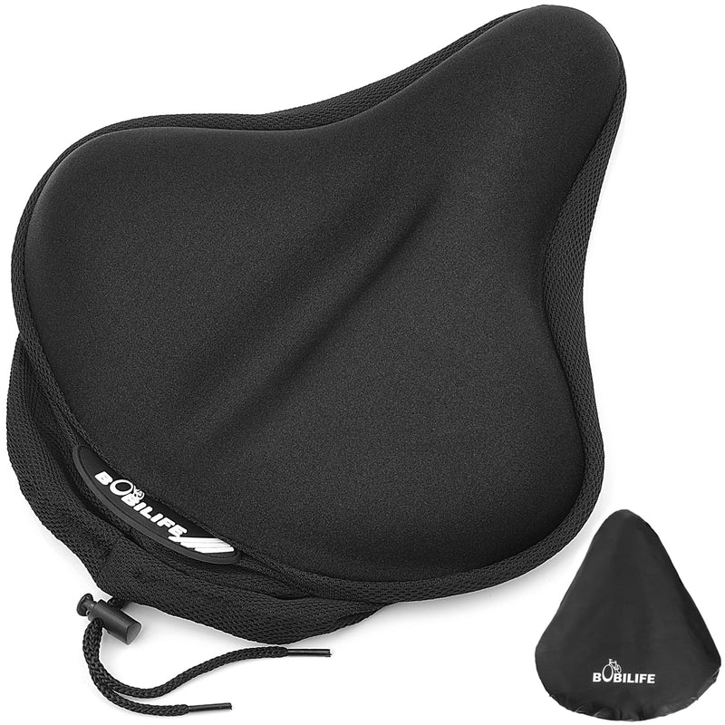 Thick & Wide Gel Bike Seat Cushion Pad with Rainproof Cover - Comfortable Silicone Gel Memory Foam Bicycle Saddle Seat Cushion with UV Protection L ( 10"W x 11"L)