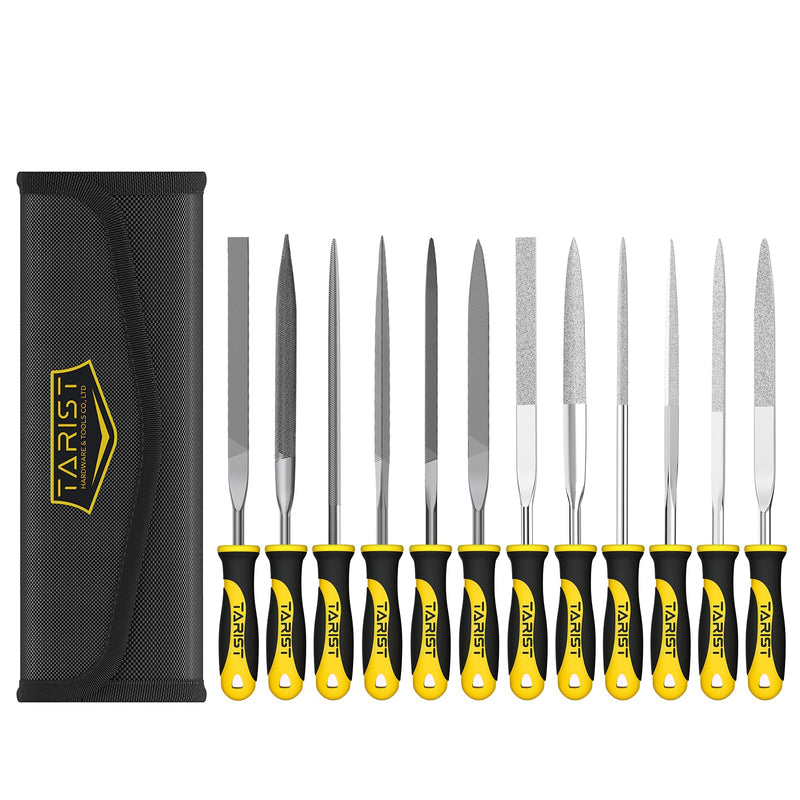Tarist Needle Files, Key Files 12-Piece with Tool Bag, Small File Set Includes 6 Metal Needle Files and 6 Diamond Needle Files for Metal, Jeweler, Wood, Soapstone and Plastic Needle files, 12 pieces