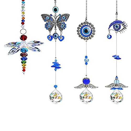 Hanging Dragonfly Pendant and 3pcs Evil Eye Suncatchers with Crystal Prism Balls Window Hanging Decoration