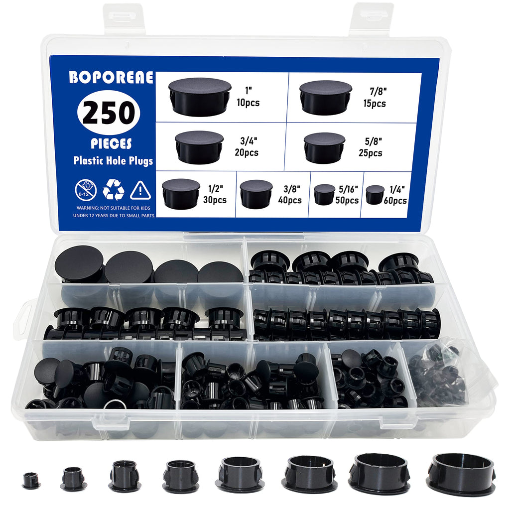 250 PCS Nylon Plastic Hole Plug 1" 7/8" 3/4" 5/8" 1/2" 3/8" 5/16" 1/4" Round Drill Hole, Flush Type Panel Knockout Locking Plugs, Black Screw Covers for Furniture Cabinet Insert End Caps