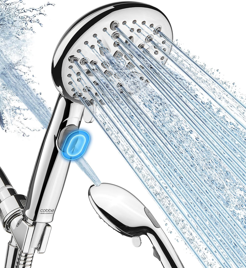 Cobbe 9-Function Shower Head with Built-in Power Spray, 1.8 GPM Water Saving ON/OFF Toggle Switch, High Pressure Handheld Showerhead with 1-Click Pause Button, Brass Bracket & 6ft Hose, Chrome