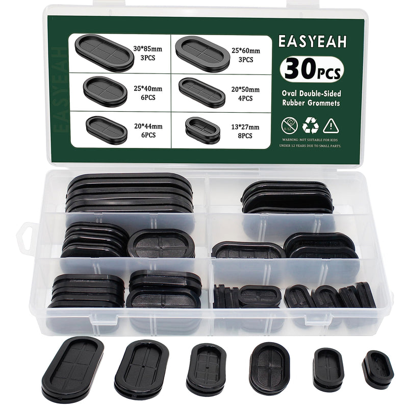 EASYEAH 30 Pcs Oval Rubber Grommets Kit for Wiring 30x85 20x50 20x44 25x40 25x60 13x27 mm Elongated Hole with 1 PC Knife, Double-Sided Closed Firewall Automotive Hole Plugs for Wire Cables Plumbing Black-30Pcs Oval