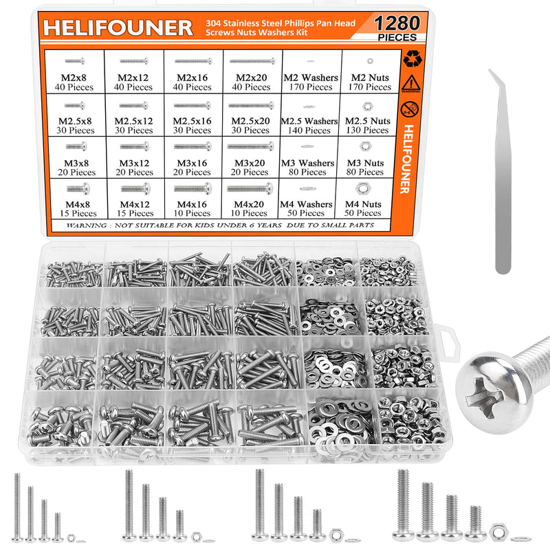 [Australia - AusPower] - 1280 Pieces M2 M2.5 M3 M4 304 Stainless Steel Phillips Pan Head Machine Screws, Metric Screws Bolts Washers Nuts Kit, 304 Stainless Steel 