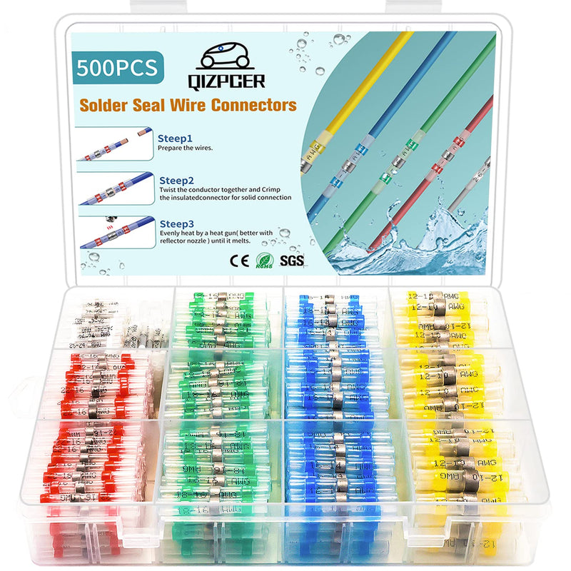 500Pcs Solder Seal Wire Connectors Kit, Heat Shrink Wire Connectors Waterproof Electrical Cable Butt Terminals for Marine Automotive Trailer RV Boat Truck Wiring Assortment Kit