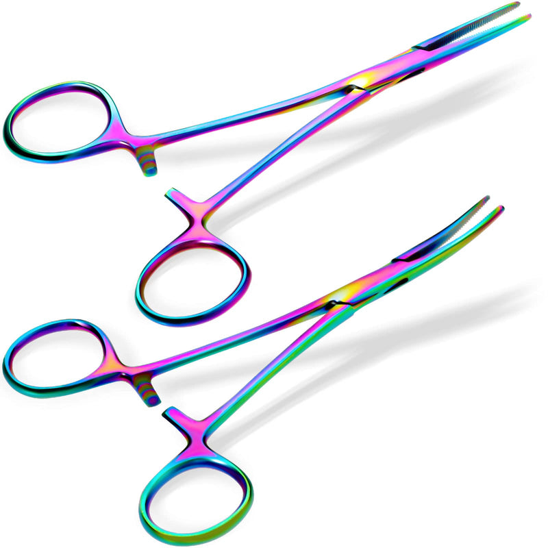 [Australia - AusPower] - BBTO 2 Pieces Rainbow Hemostat Curved and Straight Hemostat Forceps Piercing Pliers Forceps, 7.1 Inch Stainless Steel Straight and Curved Pliers, Fishing Tweezer Hemostats 