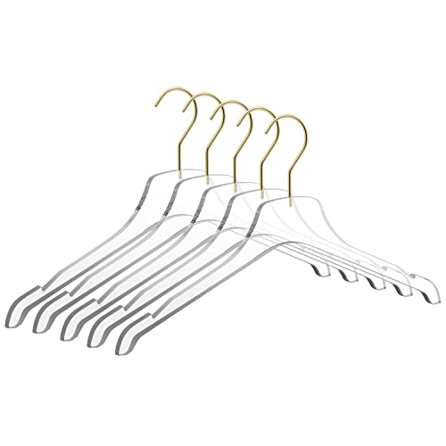 Quality Acrylic Clear Hangers, 5 Pack Clear Lucite Acrylic for a Luxurious Look and Feel with Swivel Hook, Suit Coat Shirt Dress Hangers (Clear - Matte Gold Hook, 5) Clear - Matte Gold Hook 1
