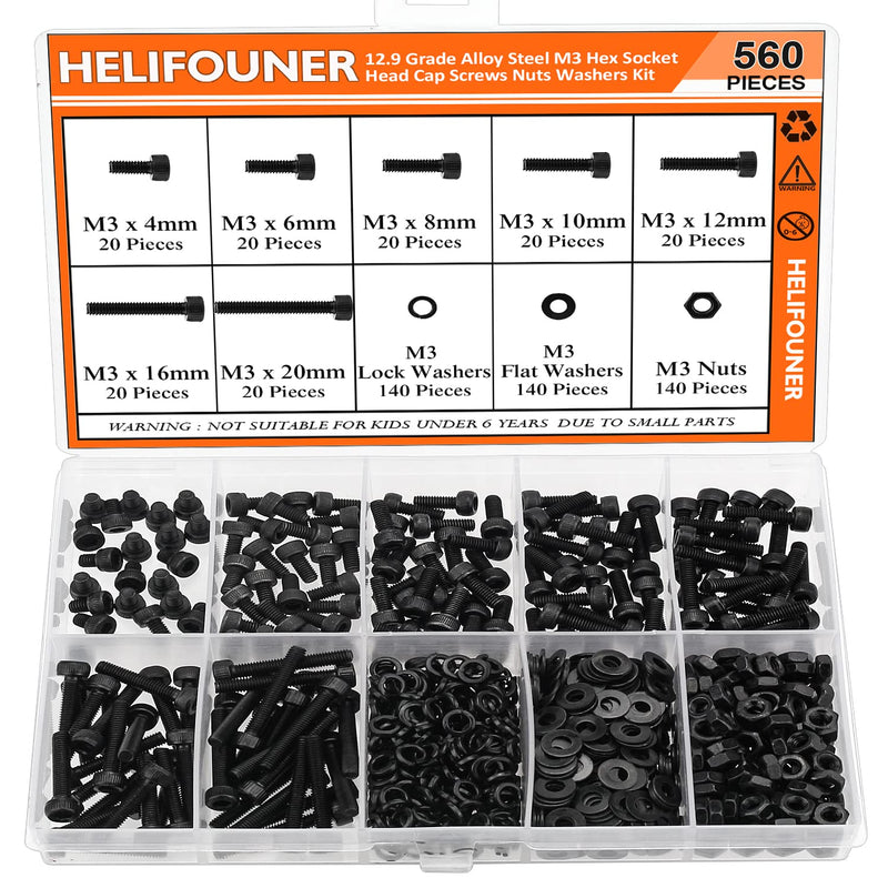 [Australia - AusPower] - 560 Pieces M3 x 4mm /6mm /8mm /10mm /12mm /16mm /20mm, Hex Socket Head Cap Screws Bolts Washers Nuts Kit, 12.9 Grade Alloy Steel, Full Threaded, Black 