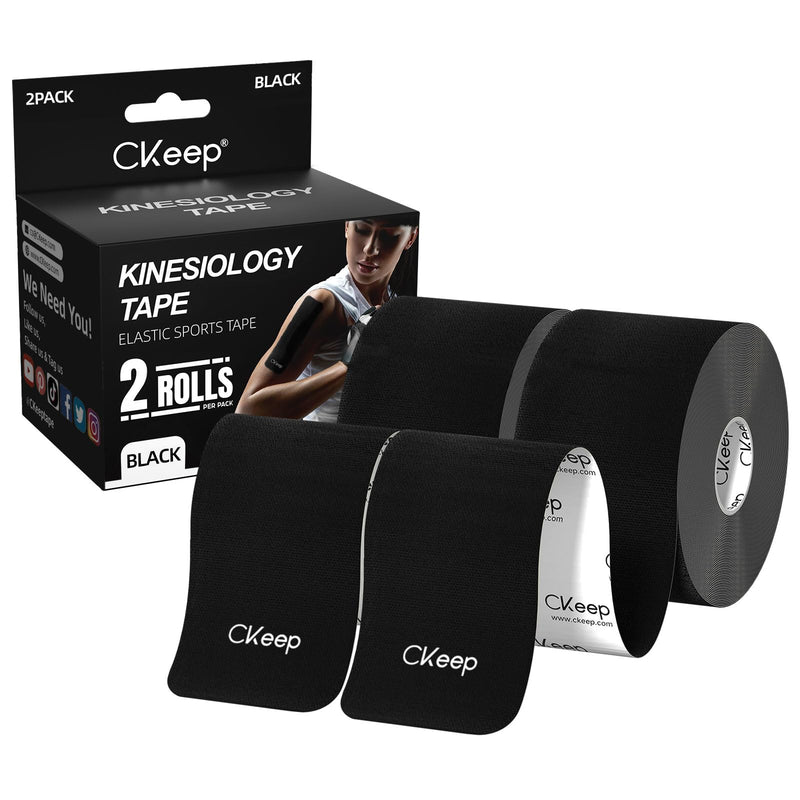 [Australia - AusPower] - Uncut Kinesiology Tape(2 Rolls), Original Cotton Elastic Premium Athletic Tape,Latex Free Hypoallergenic, 2inch x 16ft, Black 