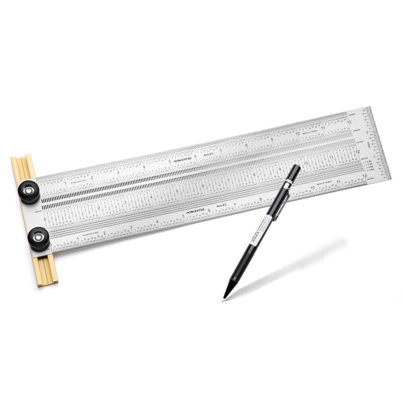 POWERTEC 12'' Precision Marking T-Square, T Rule w/Pencil for Measuring, Scribing, Setting Up Bits Height, Stainless Steel Woodworking & Crafting Marking Tools for Drill Press, Table Saw 80028 12" T Square