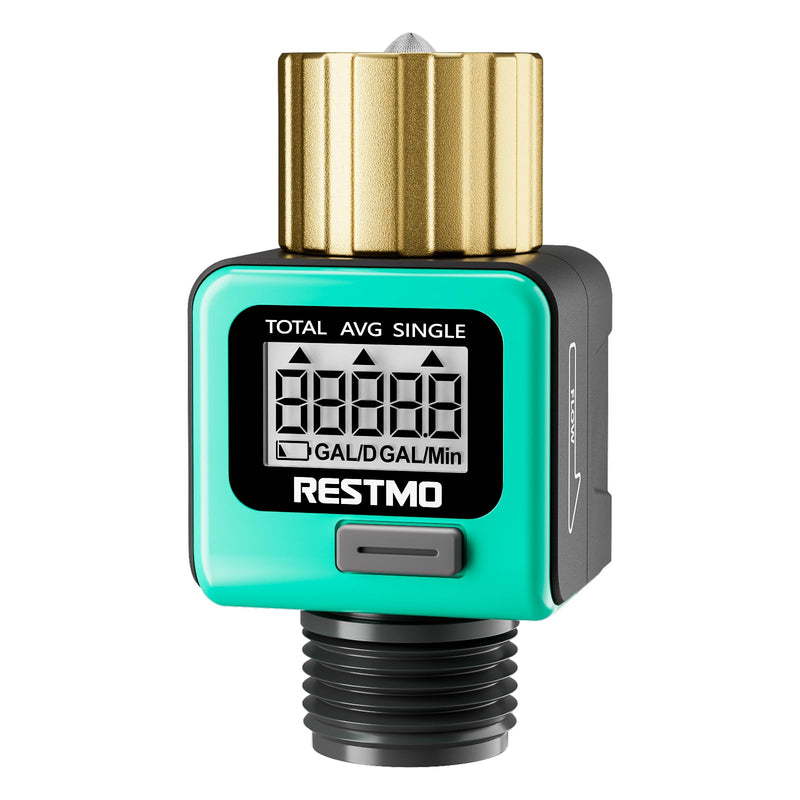 RESTMO Water Flow Meter with Brass Inlet Metal Thread, Measure Gallon/Liter Consumption and Flow Rate for Outdoor Garden Hose Watering, RV Water Tank Filling, Lawn Sprinkler and Nozzle Sprayer 1