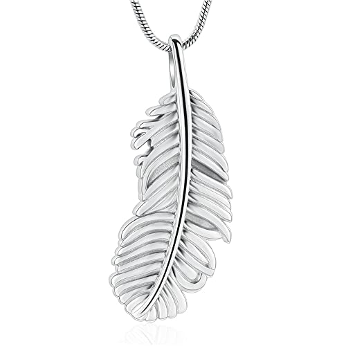 Cremation Jewelry Feathers Urn Necklace for Ashes Stainless Steel Memorial Keepsake Pendant for Women Men Silver
