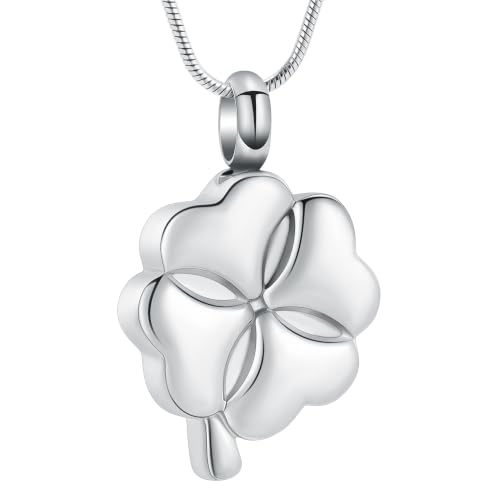 Cremation Jewelry Memorial Urn Necklace for Ashes Lucky Four-Leaf Clover Urn Pendant Necklace Ashes Keepsake for Women Men Silver