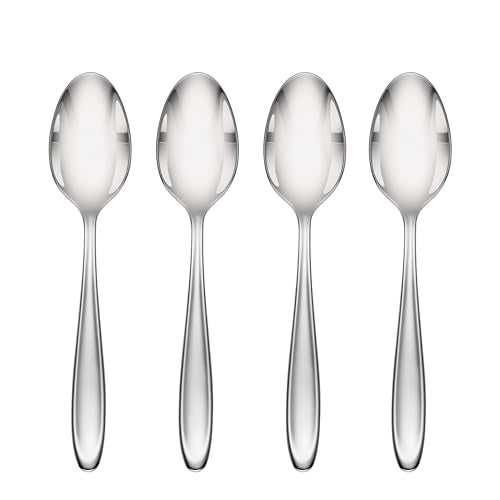 Set of four Lenox Cantera dinner soup spoons with polished stainless steel handles and rounded bowls.
