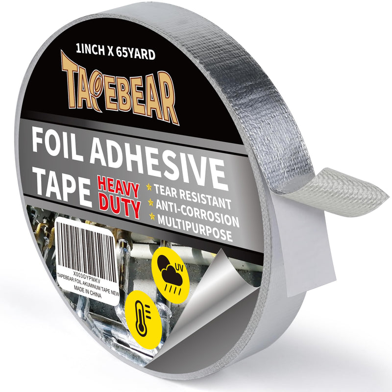 TAPEBEAR Heat Shield Tape Aluminized Fiberglass Cool Tape 1inch x 65Yards, Self-Adhesive Reflective Thermal Barrier Tape Heat Resistant for Air Dryer Vent, HVAC, Heating Unit, Auto, Pipe, 196Ft 1inch x 65yard 1