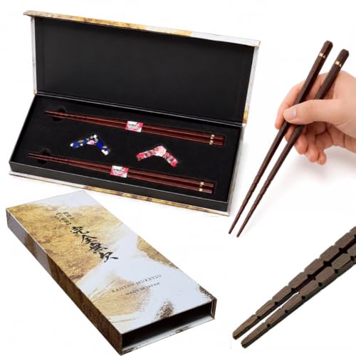 Japanese Natural Wooden Reusable Chopsticks 9.1 Inches 2 Pairs with Holders Gift Set for Couple in Box Made in Japan Japanese gifts For Ramen noodles