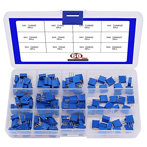 RUNCCI-YUN 12 Values 60 Pieces 3296W Trimmer Potentiometer Kit, Rotary Potentiometer, Variable Resistance, High Precision Resistors (100Ω, 1kΩ, 10kΩ, 100kΩ, 200Ω, 20kΩ, 200kΩ, 500Ω, 50kΩ, 50kΩ, 500kΩ)