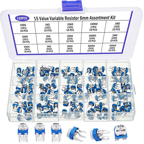 RUNCCI-YUN 15 Values 150 Pieces 100 Ohm - 2M Ohm Rotary Potentiometer Variable Resistance Trimpot Potentiometer 6 mm 3 Terminals Multiturn Trimmer Potentiometer Classification Kit