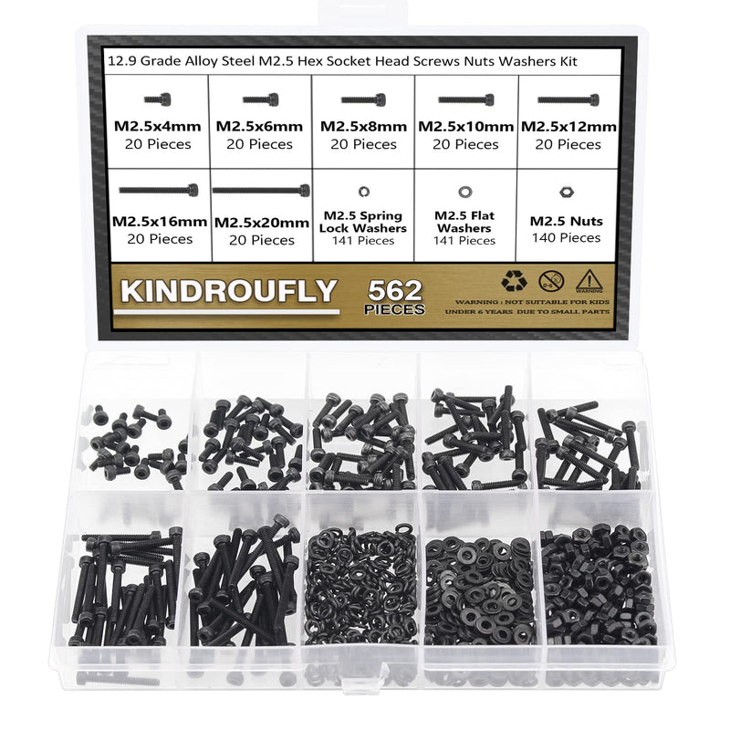 [Australia - AusPower] - 562 Pieces Black M2.5 x 4/6 /8/10 /12/16 /20mm Hex Socket Head Cap Screws Nuts Washers Assortment Kit, 12.9 Grade Alloy Steel 