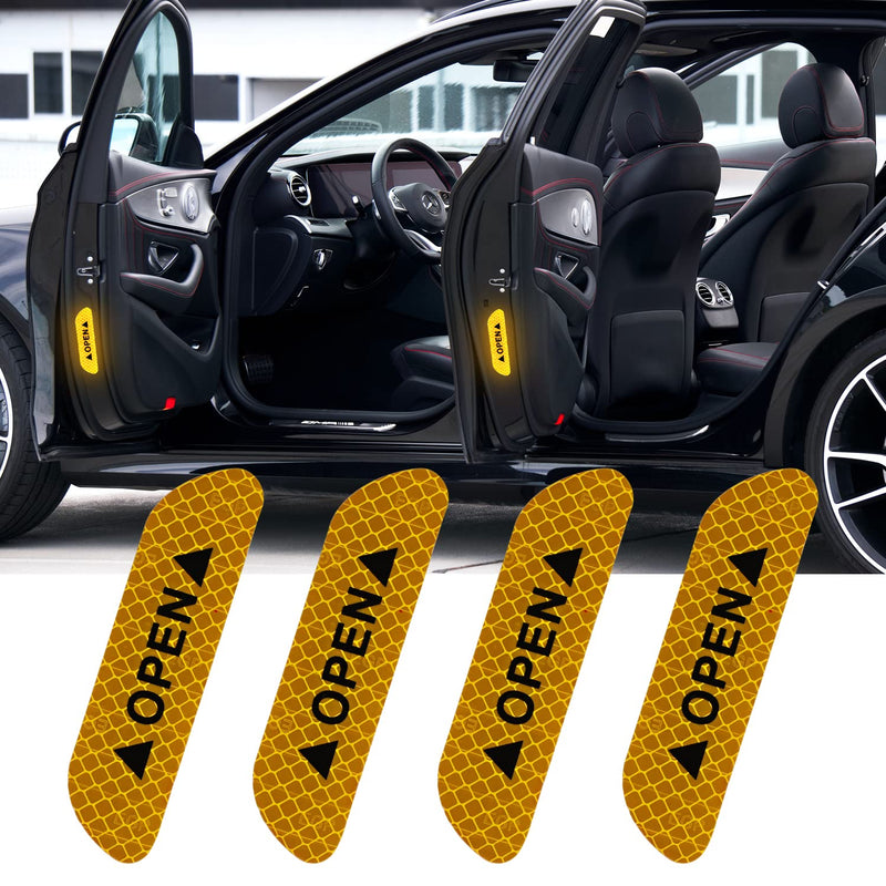 4PCS Car Door Open Prompt Anti-Collision Reflective Stickers, Car Tape Conspicuity Safety Caution Warning Sticker for Car Truck SUV(Yellow) Yellow