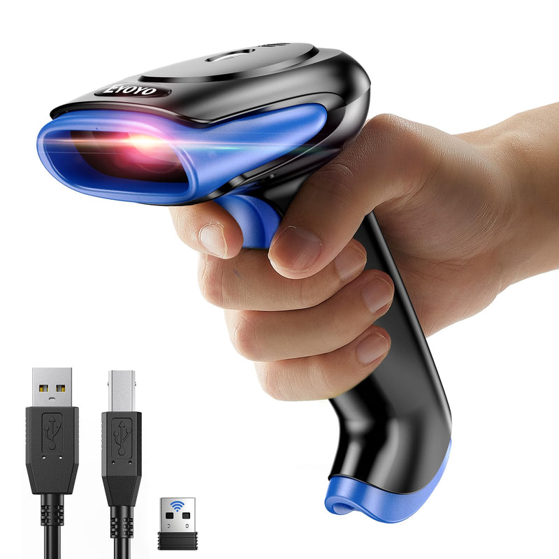 Eyoyo 2D Bluetooth Barcode Scanner Wireless, 2500mAh Handheld Cordless USB Wired QR Bar Code Reader for Library, Warehouse Inventory Compatible with iPad, Android Phone, iPhone, Laptop Dark blue