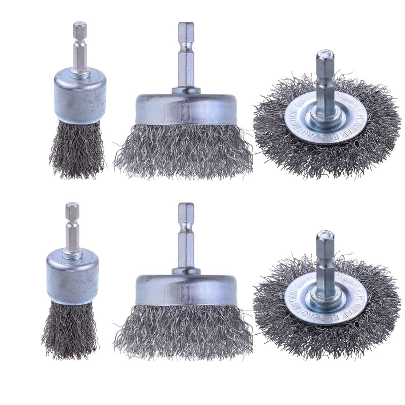 [Australia - AusPower] - 6 Pack Carbon Steel Wire Wheel Brush, Rocaris Cup Brush, Wheel Brush, Pen Brush Set with 1/4-Inch Hex Shank for Rust Removal, Corrosion and Scrub Surfaces 6 