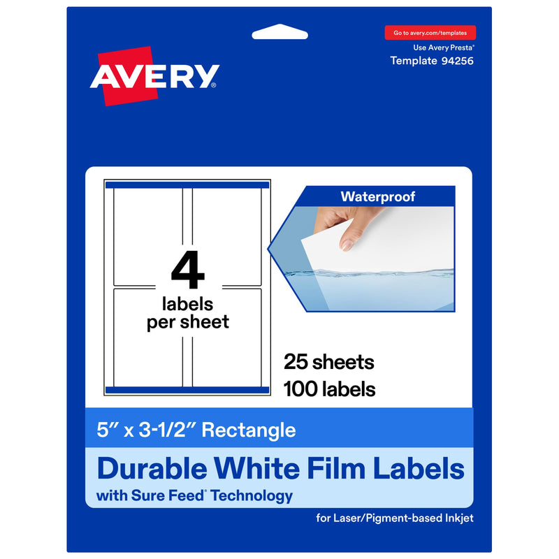 Avery Printable Durable White Rectangle Labels, Sure Feed Technology, 5" x 3.5", Waterproof Labels, Laser & Pigment-Based Inkjet Compatible, 100 Total 100 labels