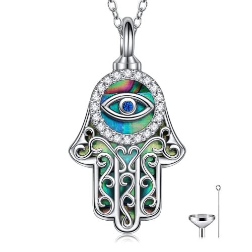 URONE Hamsa Hand Urn Necklace for Ashes 925 Sterling Silver Cremation Necklace Memory Jewelry Gift for Women Girls Abalone Shell Urn