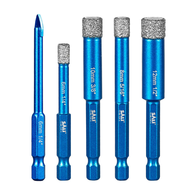 [Australia - AusPower] - SALI Diamond Core Drill Bits Set 5pcs Tile Hole Saws Vacuum Brazed Hole Saw with 1/4 Inch Hex Shank for Glass Ceramic Porcelain Tiles Marble Brick Granite Quartz Fit Angle Grinders and Drill 