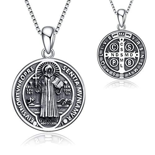 CRMAD Saint Benedict Necklace Sterling Silver Saint Benedict Cross Protection Pendant Christian Jewelry for Women Men